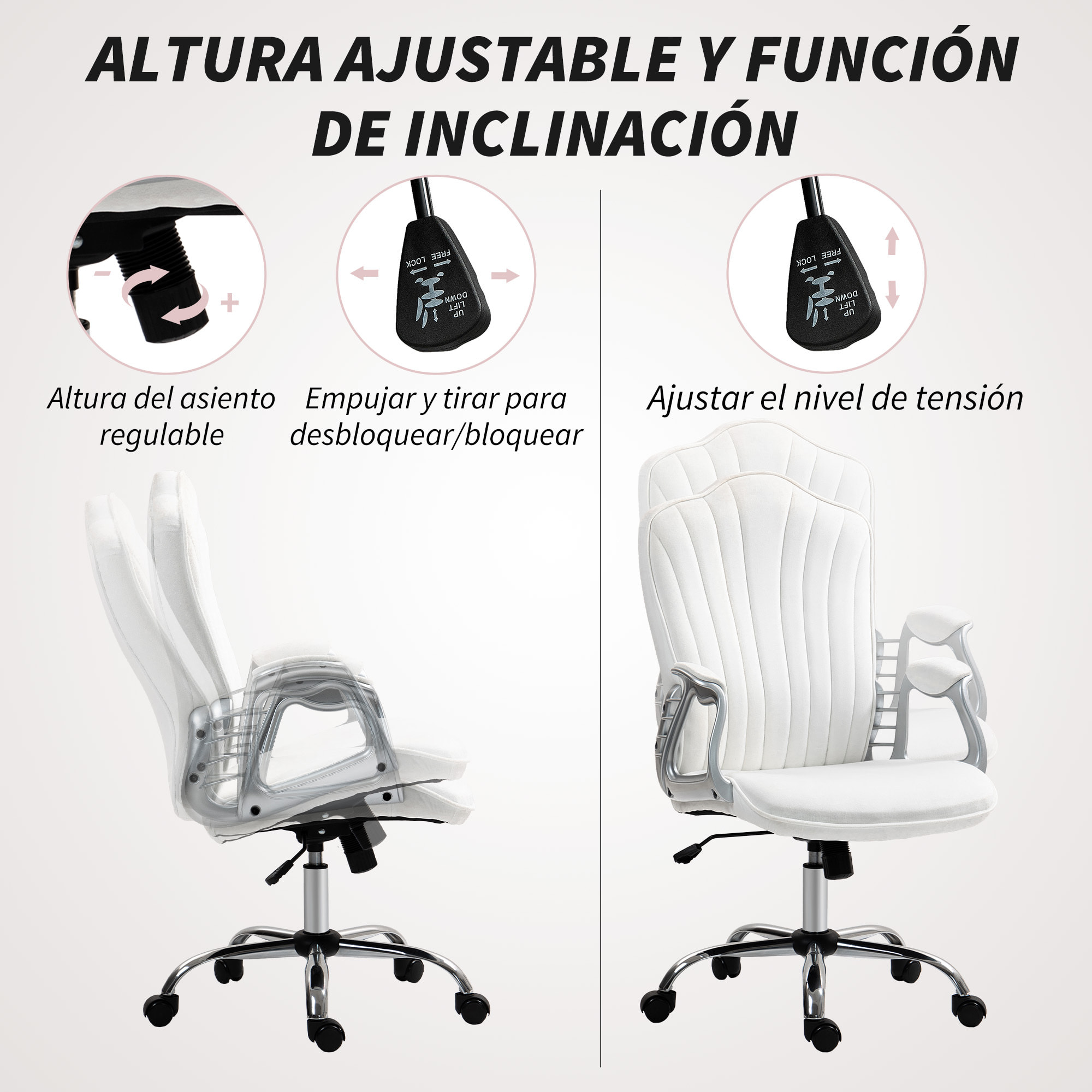 Silla de Oficina Silla de Escritorio Giratoria con Altura Ajustable Reposabrazos Respaldo Curvado Función de Basculante Blanco