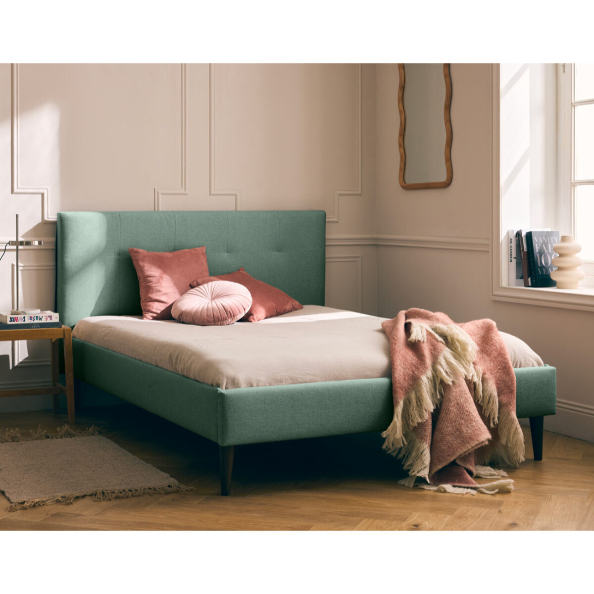 Monet - lit - 160x200 - sommier inclus - en tissu - Vert sauge