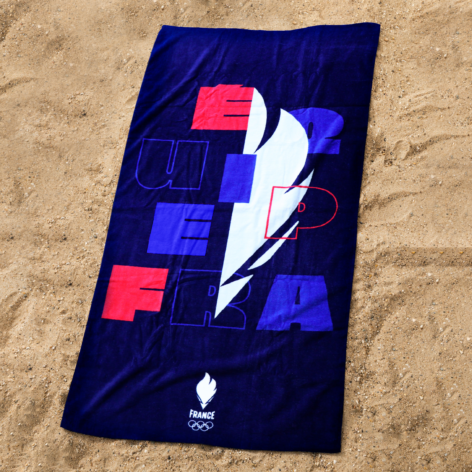 Drap de plage imprimé 100% coton, PARIS 2024 EQUIPE DE FRANCE OLYMPIQUE EQUIPE