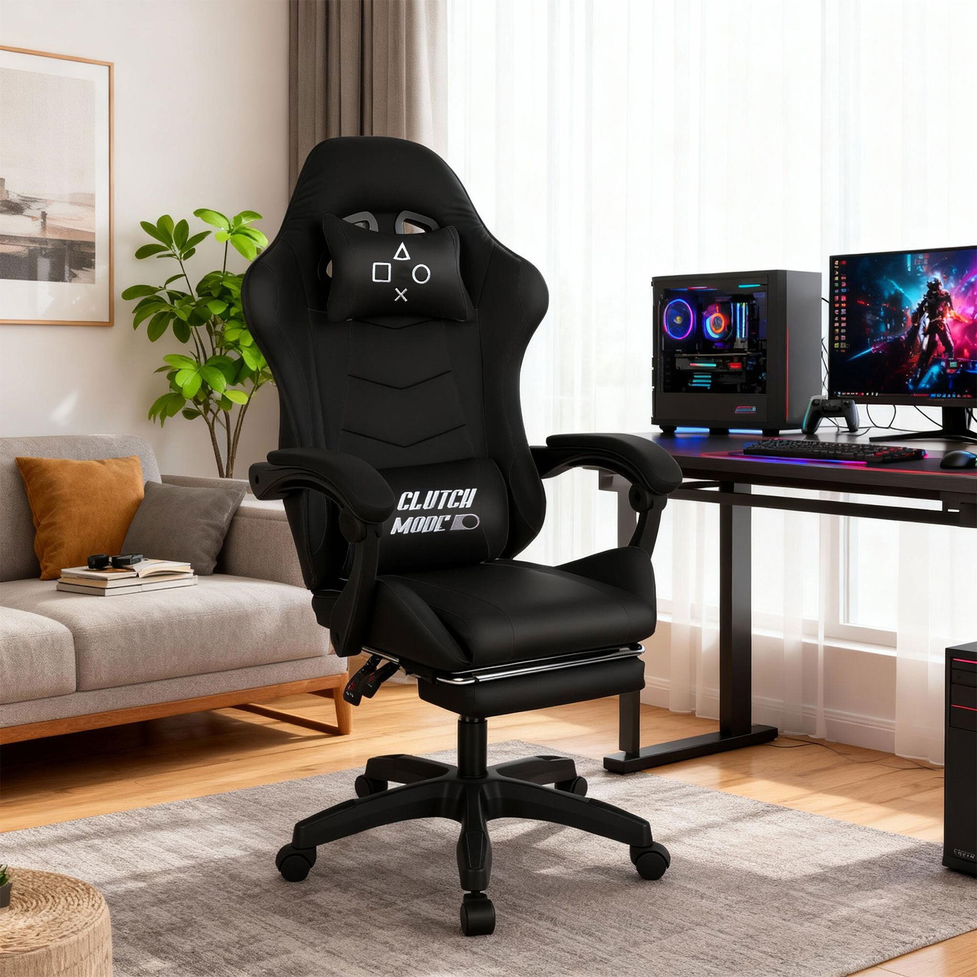 Clutch - Sedia da Gaming Ergonomica con Cuscino Lombare Poggiatesta e Poggiapiedi in PVC Nera