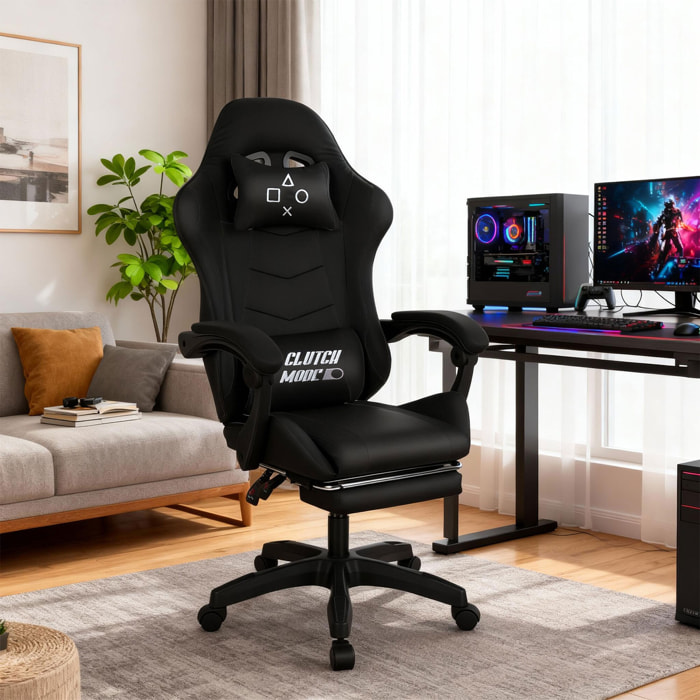 Clutch - Sedia da Gaming Ergonomica con Cuscino Lombare Poggiatesta e Poggiapiedi in PVC Nera