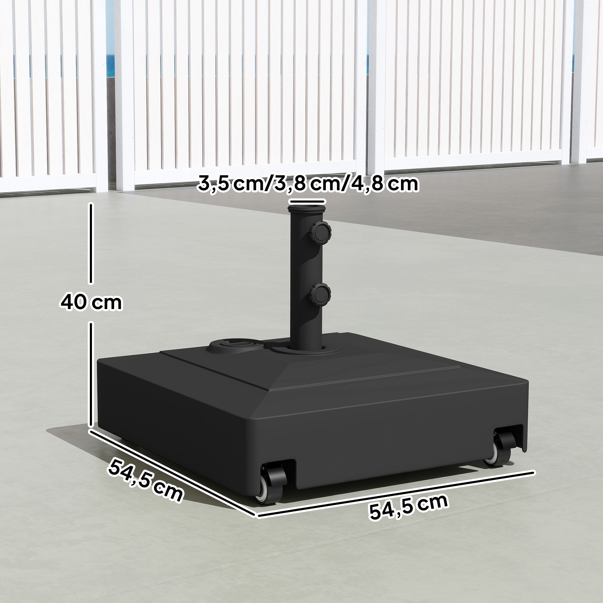 Base para Sombrilla Cuadrada con Ruedas, Soporte de Parasol de HDPE, Pie para Sombrilla con Postes Ø35/38/48 mm, Rellenable de Arena 61 kg o Agua 40 kg, para Jardín, Patio, Terraza, Negro