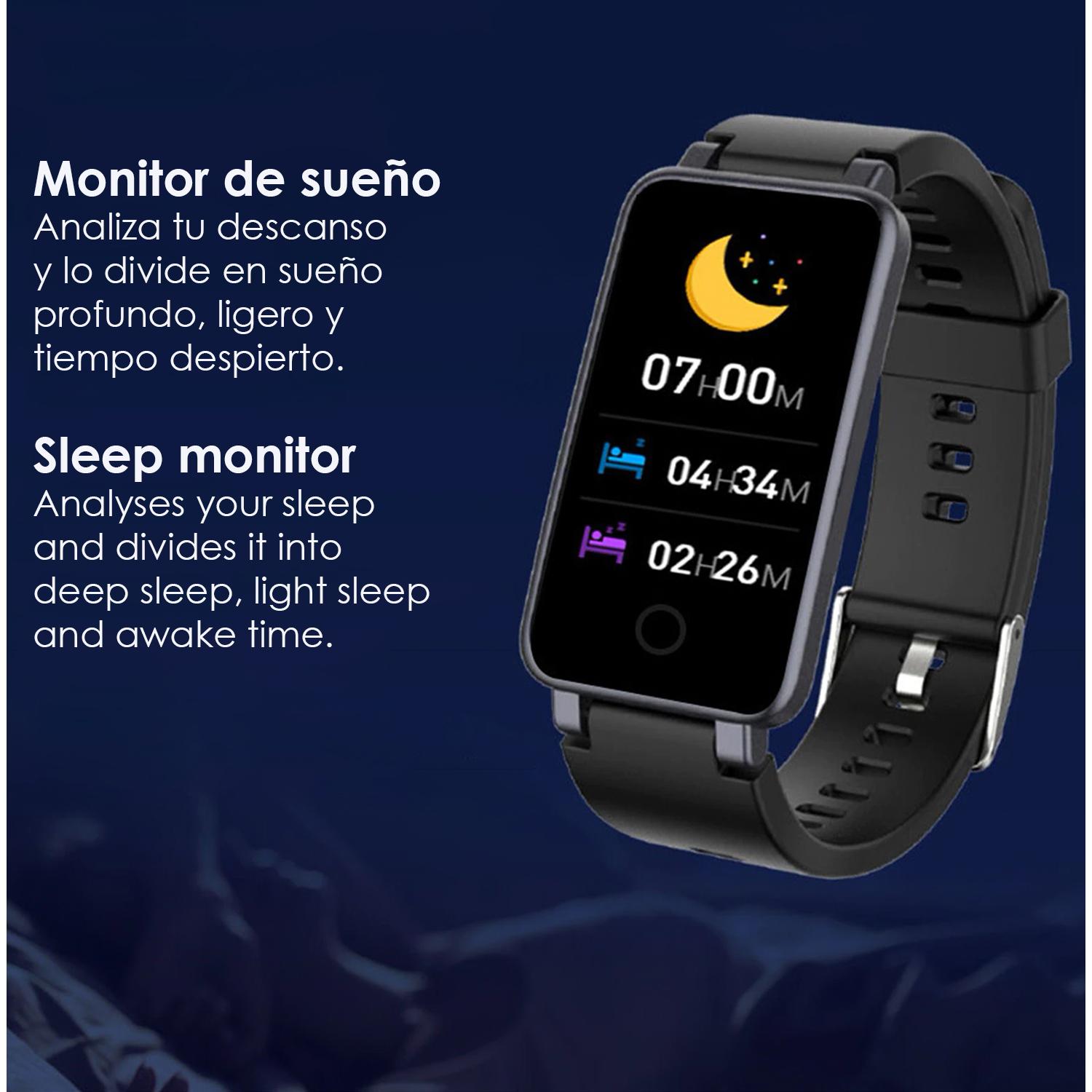 Brazalete inteligente C2 Plus con monitor cardiaco, presión sanguínea y notificaciones.