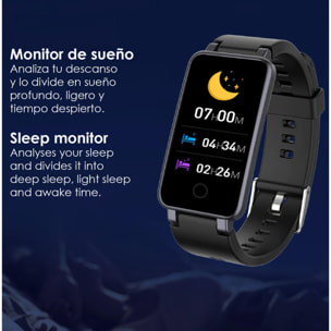 Brazalete inteligente C2 Plus con monitor cardiaco, presión sanguínea y notificaciones.