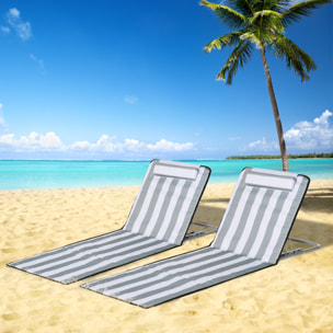 Conjunto de 2 Esterillas de Playa Plegables, Esterillas con Respaldo Reclinable en 5 Niveles, Reposacabezas y Bolsa de Transporte, 134x48x33-43 cm, Rayas Blanco y Gris
