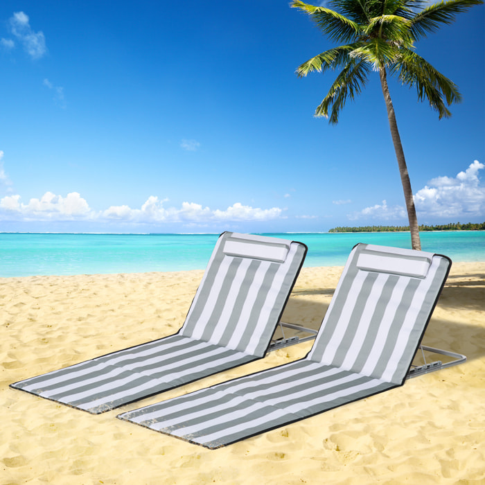 Conjunto de 2 Esterillas de Playa Plegables, Esterillas con Respaldo Reclinable en 5 Niveles, Reposacabezas y Bolsa de Transporte, 134x48x33-43 cm, Rayas Blanco y Gris