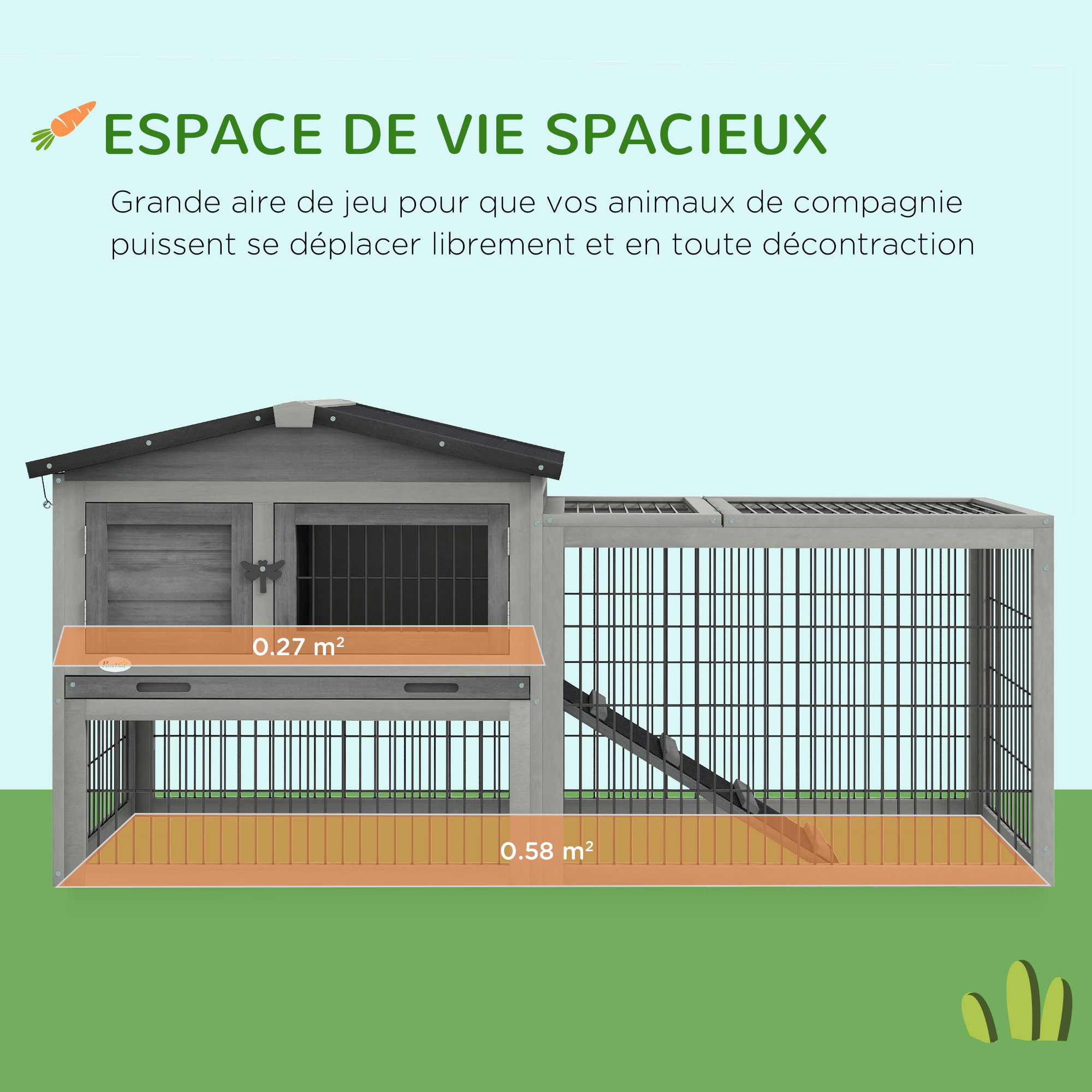 Clapier cage à lapins cottage - niche haute, rampe, enclos extérieur - plateau excrément, toit ouvrant, 2 portes verrouillables - bois gris