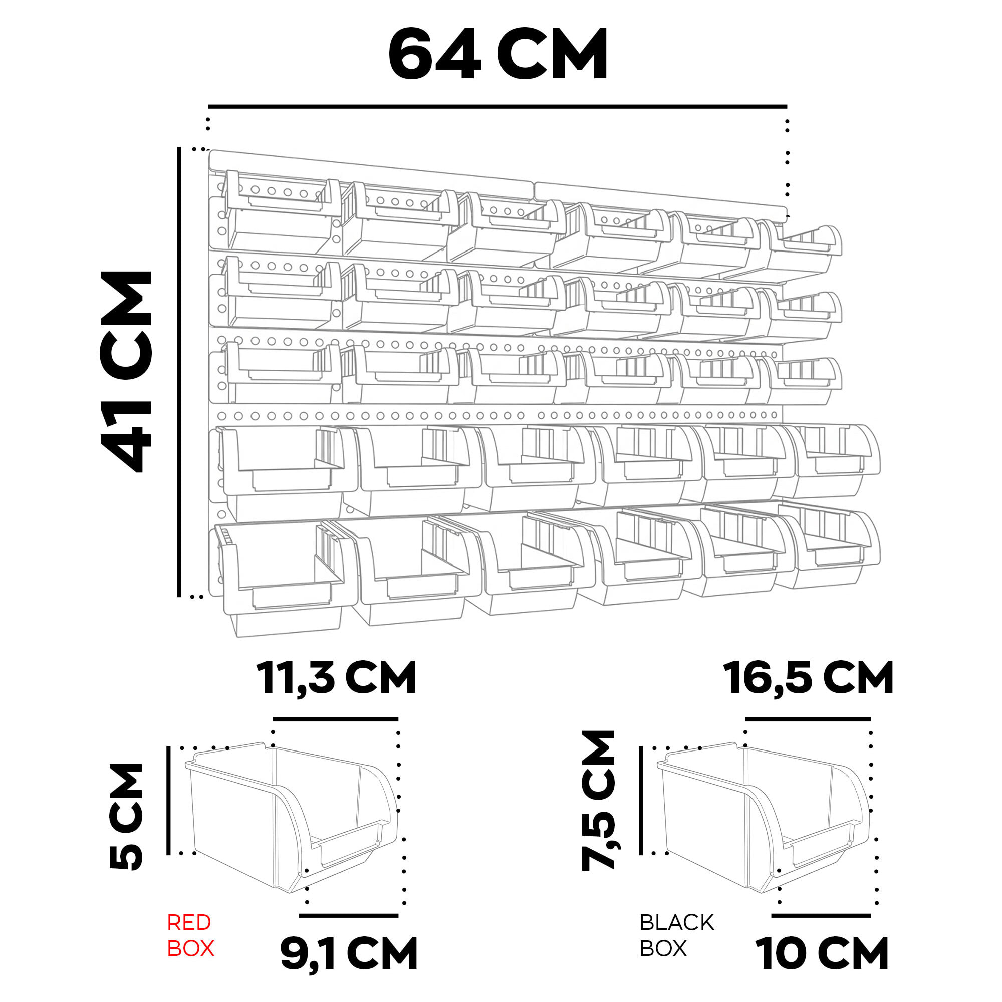 Peg Small - Pannello Portautensili da Parete 64x41 cm con 30 Box Contenitori Impilabili