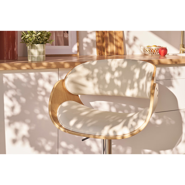 Tabouret de bar design réglable blanc et bois clair BENT