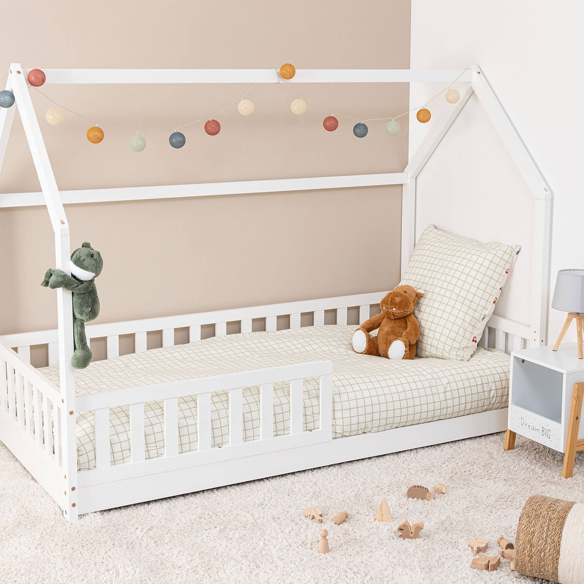 Set de cama infantil cabaña ''bosco'' blanco + colchón serenia 90x190cm (altura 17cm), transpirable, adaptable y atérmico