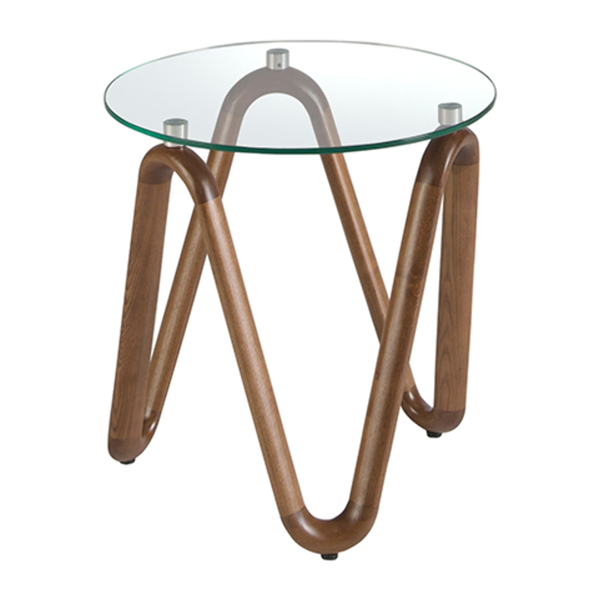 Mesa rincón redonda con tapa de cristal templado y patas de madera en nogal 115x115x38cm