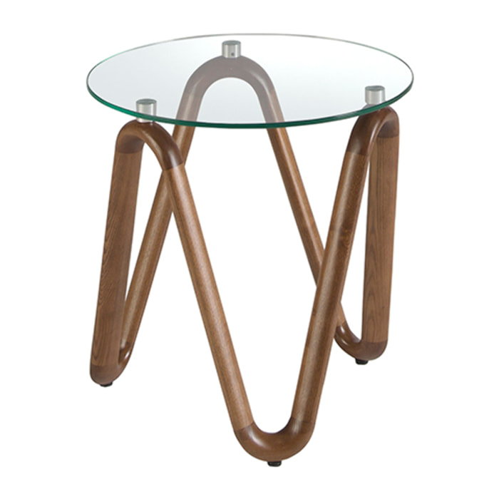 Mesa rincón redonda con tapa de cristal templado y patas de madera en nogal 115x115x38cm