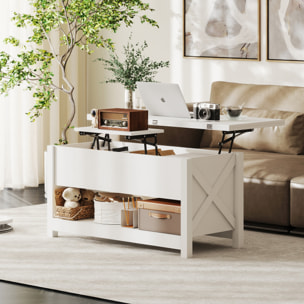 Mesa de Centro Elevable y Extensible, Mesa de Salón con Compartimentos Ocultos, Estante Abierto, para Comedor, Oficina, 100x90x64 cm, Blanco