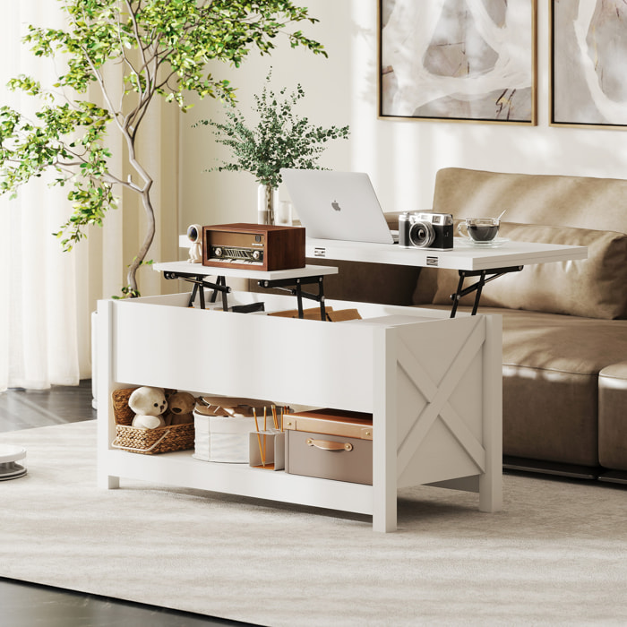 Mesa de Centro Elevable y Extensible, Mesa de Salón con Compartimentos Ocultos, Estante Abierto, para Comedor, Oficina, 100x90x64 cm, Blanco