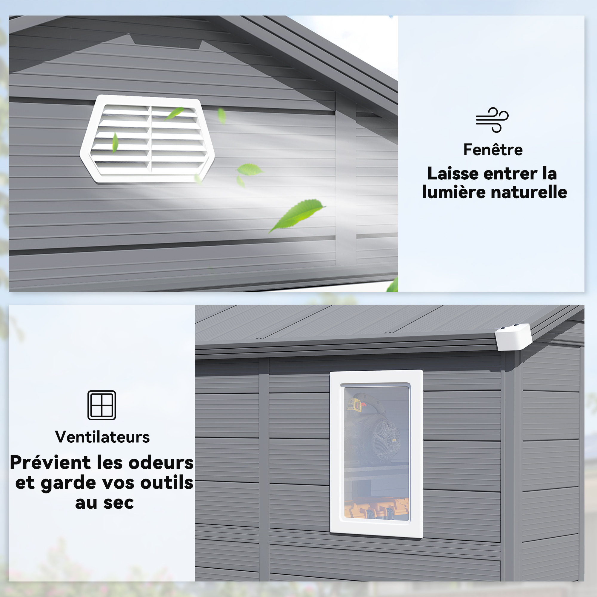 Abri de jardin 4,6 m² résine polypropylène fondation incluse structure alu 240 x 190 x 228 cm 2 portes fenêtre gris