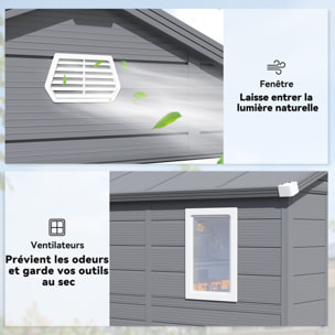 Abri de jardin 4,6 m² résine polypropylène fondation incluse structure alu 240 x 190 x 228 cm 2 portes fenêtre gris