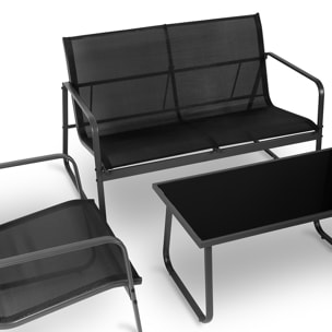 Conjunto de jardín 4 plazas, mesa centro+sofá+sillones de acero negro