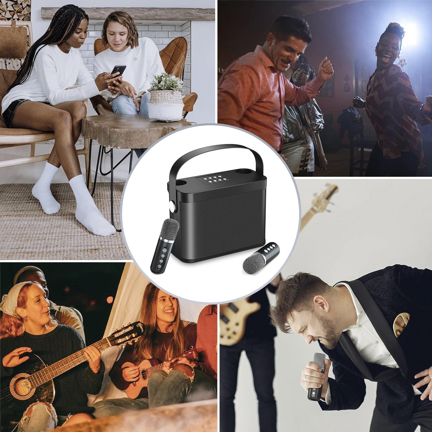 Kit karaoke con altoparlante Bluetooth e 2 microfoni. 10 W, batteria integrata.