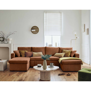 Cyrus - canapé panoramique en U - 7 places - convertible avec coffre - en velours côtelé - Terracotta