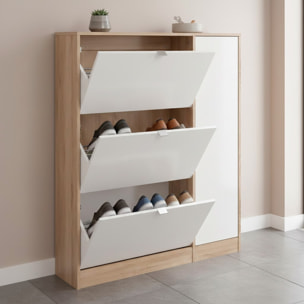 Scarpiera Salvaspazio Con 3 Ante A Ribalta Mobile Laterale Fino A 18 Paia Design Moderno Ingresso Corridoio 98.8x24.05x123.6 Cm Rovere e Bianco Lucido