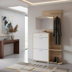 Ingresso Scarpiera Con Specchio 2 Ante A Ribalta Cassetto Appendibiti E Mensola Mobile Salvaspazio Moderno 192 x 120 x 24.5 Cm Colore Rovere E Bianco
