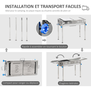 Barbecue à charbon pliable portable réglable BBQ grill sur pied avec tablettes rabattables, grille, plaque teppanyaki, pinces, récupérateur cendres acier inox.