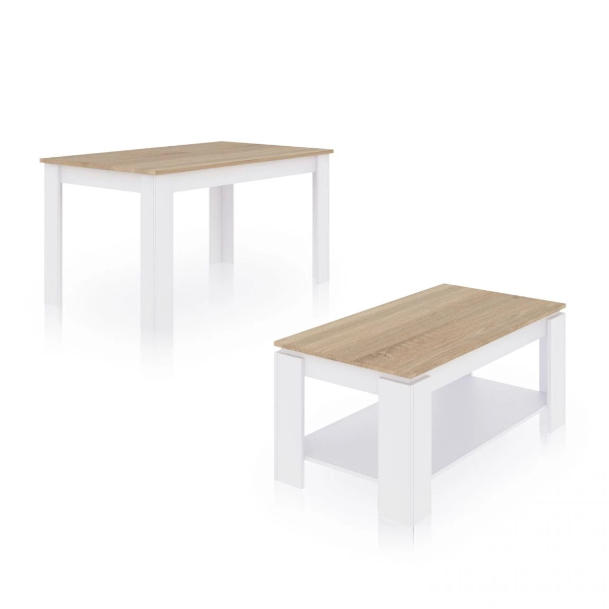 Pack mesa de comedor 140 y mesa de centro Lya Blanco Artik (Blanco Mate) - Roble Canadian