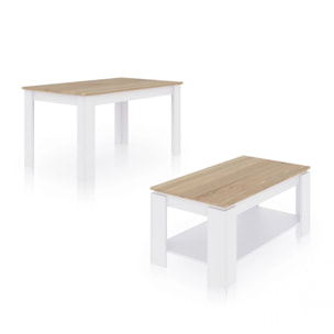 Pack mesa de comedor 140 y mesa de centro Lya Blanco Artik (Blanco Mate) - Roble Canadian