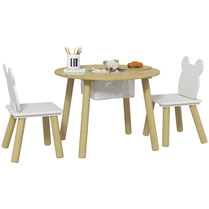 Mesa y Sillas Infantiles de 3 Piezas Mesa Infantil con 2 Sillas con Espacio de Almacenaje para Niños de 3-6 Años para Sala de Juegos Dormitorio Guardería Natural