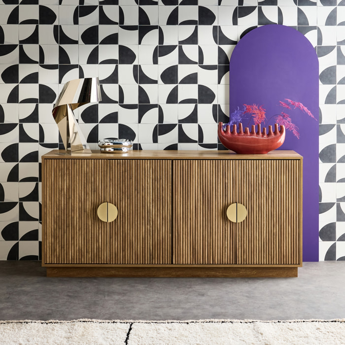 Buffet exotique décor bois de manguier rainuré 4 portes 160cm CELIAN