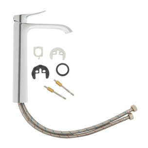 set mitigeur lavabo haut + mitigeur cuisine avec douchette extractible et bras pivotant, chrome (SATINFBSD285)