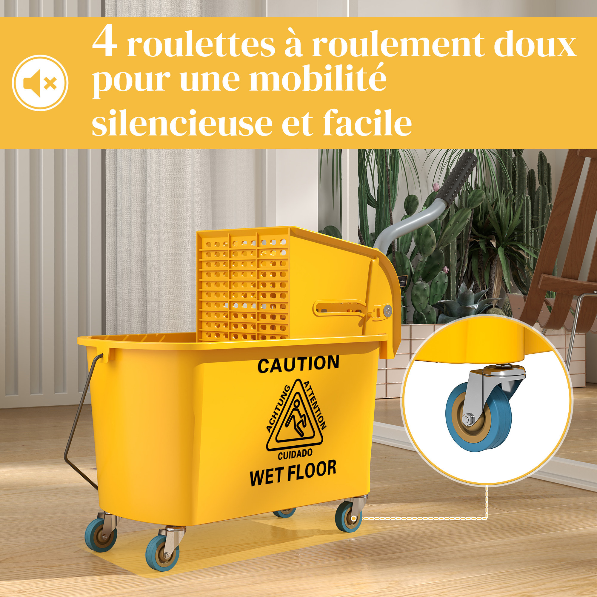 Chariot de ménage chariot de lavage nettoyage professionnel essoreuse latérale seau 20L poignée et serpillère jaune
