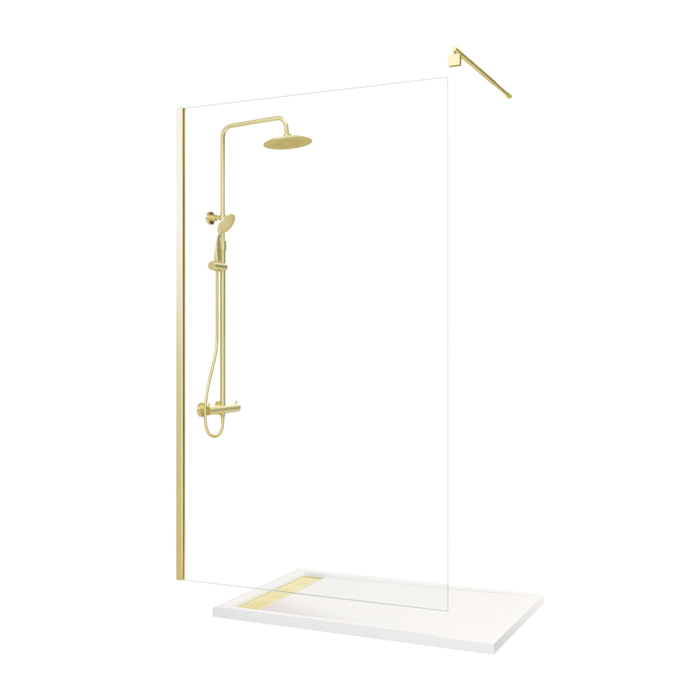Pack Paroi 120x200 + Bras + Receveur Linéaire acrylique 80x120 + Colonne Thermostatique - Or Brossé