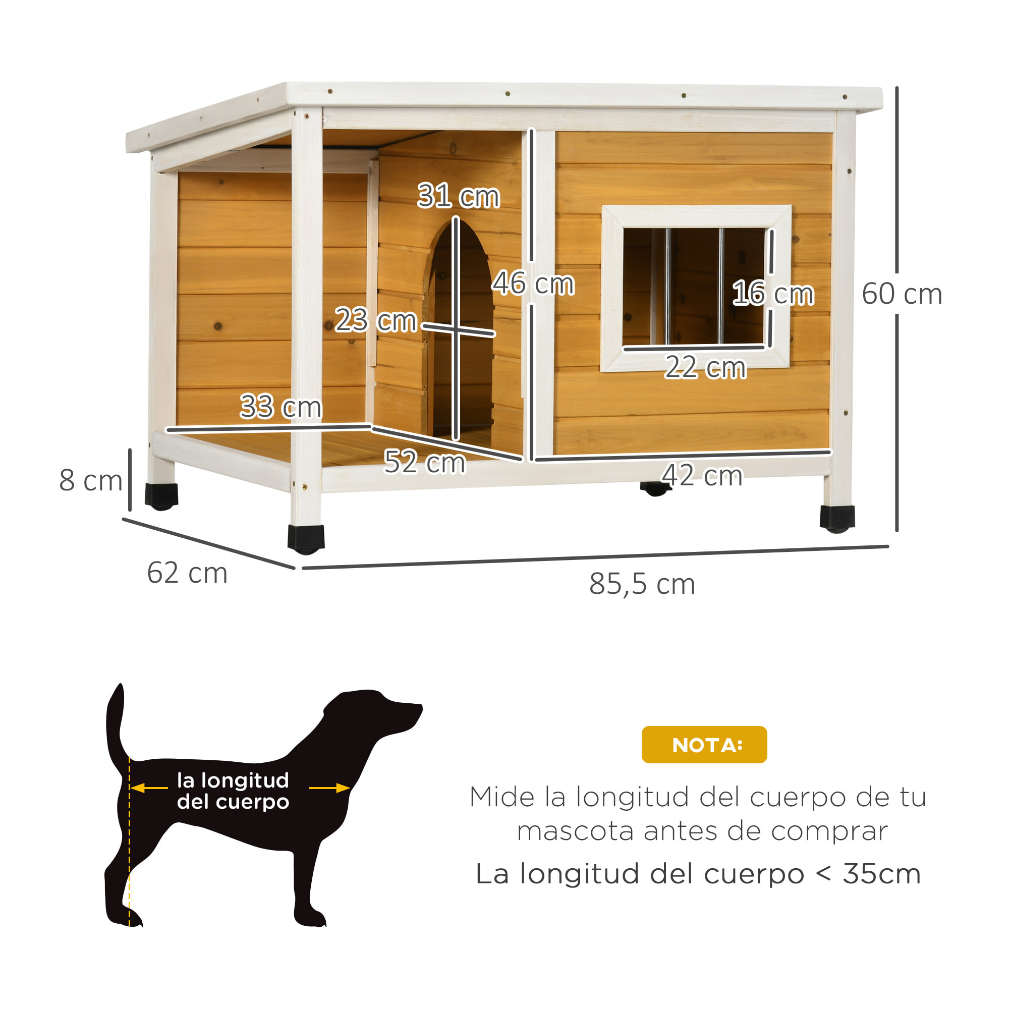 Caseta para Perros de Madera 85,5x62x60 cm Casa para Mascotas Refugio para Perros con Techo Asfáltico Impermeable y Ventana para Interior Exterior Natural