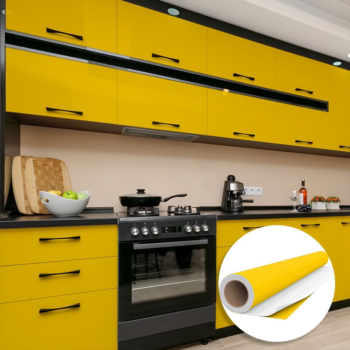 Rouleau adhésif décoratif Vinyle au Mètre - Jaune moutarde - Sticker Lavable Imperméable Mur Cuisine Meubles