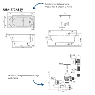 Baignoire droite 170 x 70 VILLEROY & BOCH O.Novo + Pieds + Vidage WIRQUIN doré