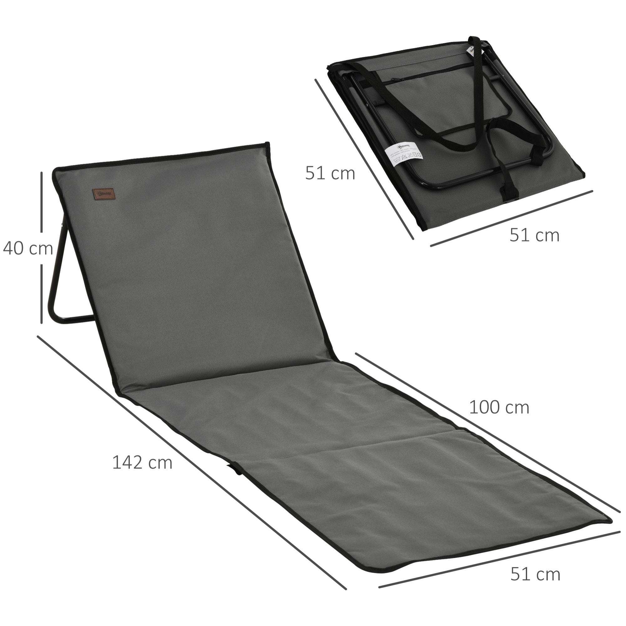 Conjunto de 2 Esterillas de Playa Plegable Esteras Acolchadas con Respaldo Reclinable y Bolsa de Transporte para Jardín Camping 142x51x40 cm Gris