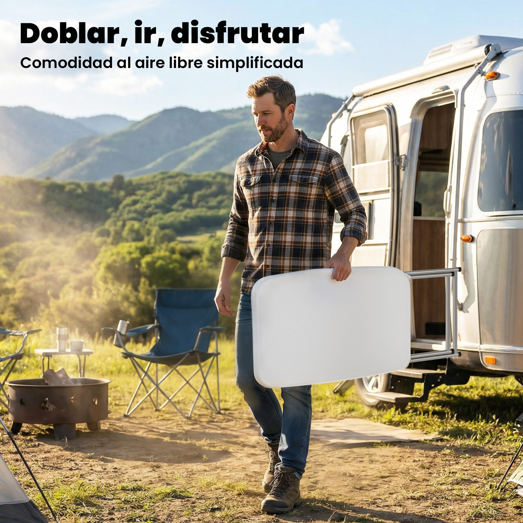 Mesa Plegable Camping, 75x50x73,5 cm, Mesa Plegable Portátil con Altura Ajustable en 5 Niveles, Encimera de HDPE y Marco Metálico, para Acampar, Senderismo, Playa, Blanco