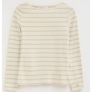 Maglietta a righe crema e marrone chiaro con collo a barca e logo Polo Club