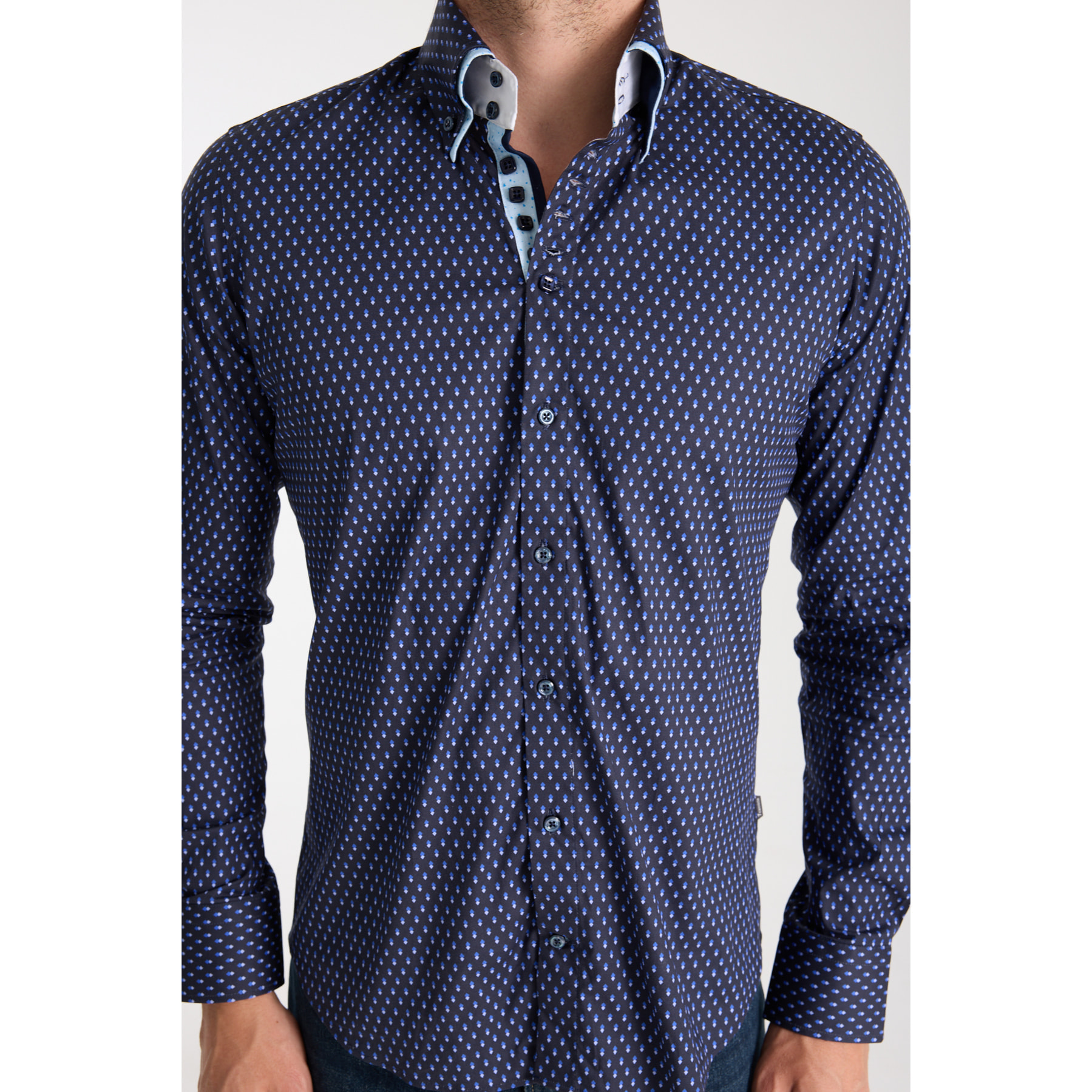 Camicia Uomo 2 Bottoni Button Down 7bottoni Doppio Coll Popeline Stretch Stampato Blu/Turchese