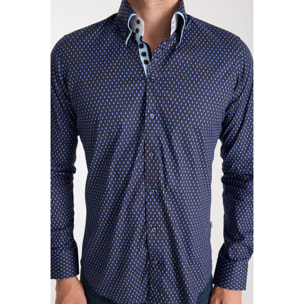 Camicia Uomo 2 Bottoni Button Down 7bottoni Doppio Coll Popeline Stretch Stampato Blu/Turchese