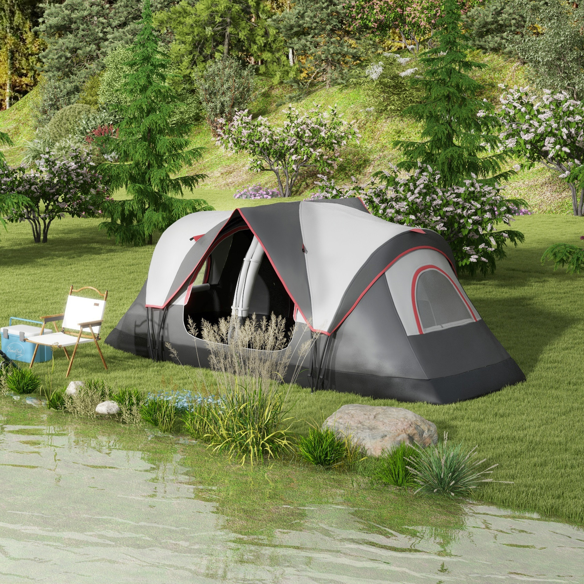 Tente de camping familiale 6-8 pers. double toit étanche 2 000 mm moustiquaire sac de tranport gris
