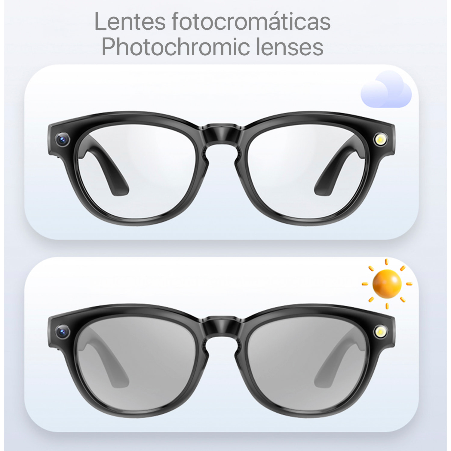 Occhiali intelligenti GS380, con fotocamera, controllo musicale, assistente vocale, cambio di colore automatico.