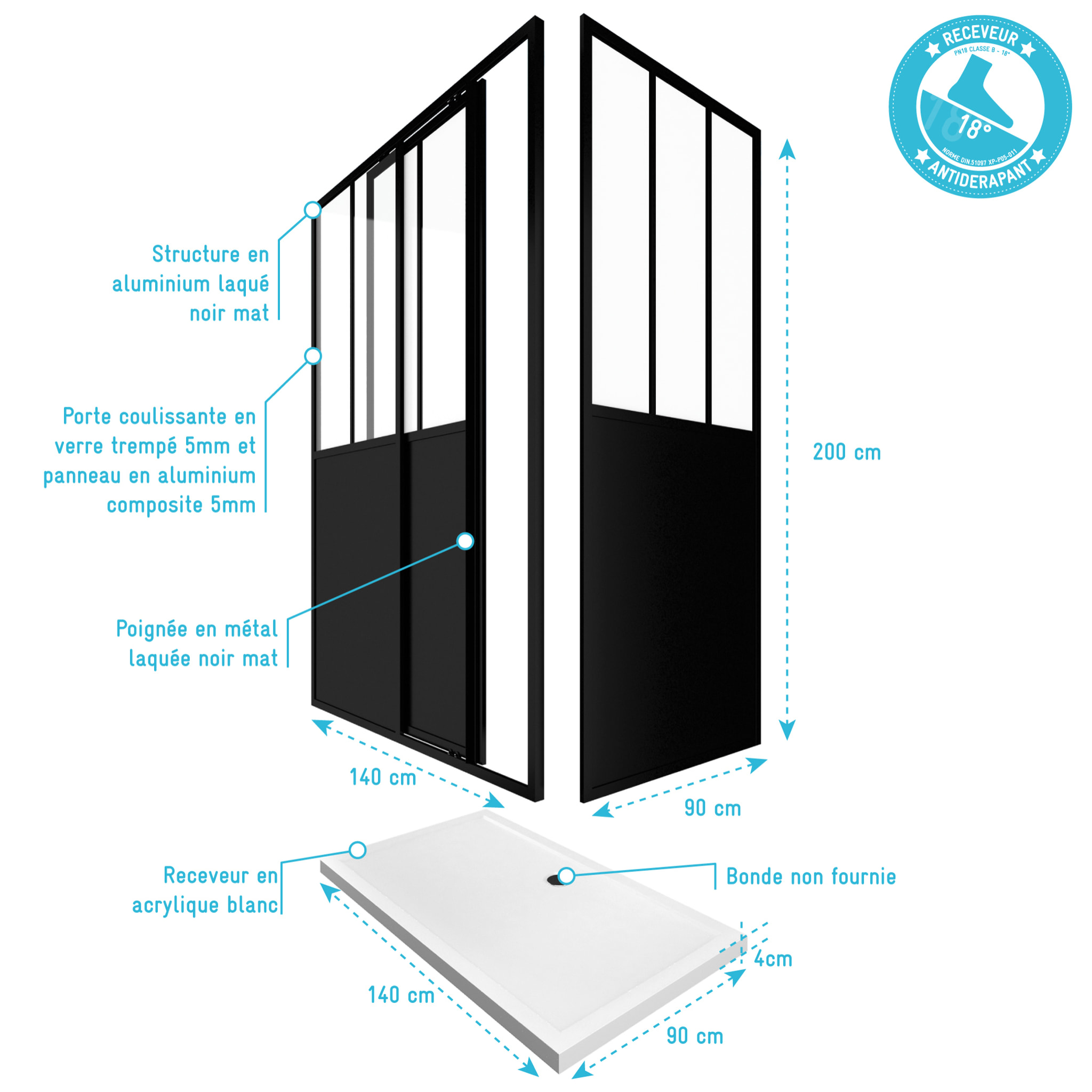 Pack Porte coulissante 140x200 + paroi retour et panneau aluminium composite + receveur 140x90