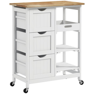 Carro de Cocina Carrito Auxiliar con Ruedas Carrito Verdulero con Tablero de Madera 3 Cajones 2 Estantes Abiertos y Bandeja Extraíble para Comedor Salón 67x37x85,5 cm Blanco