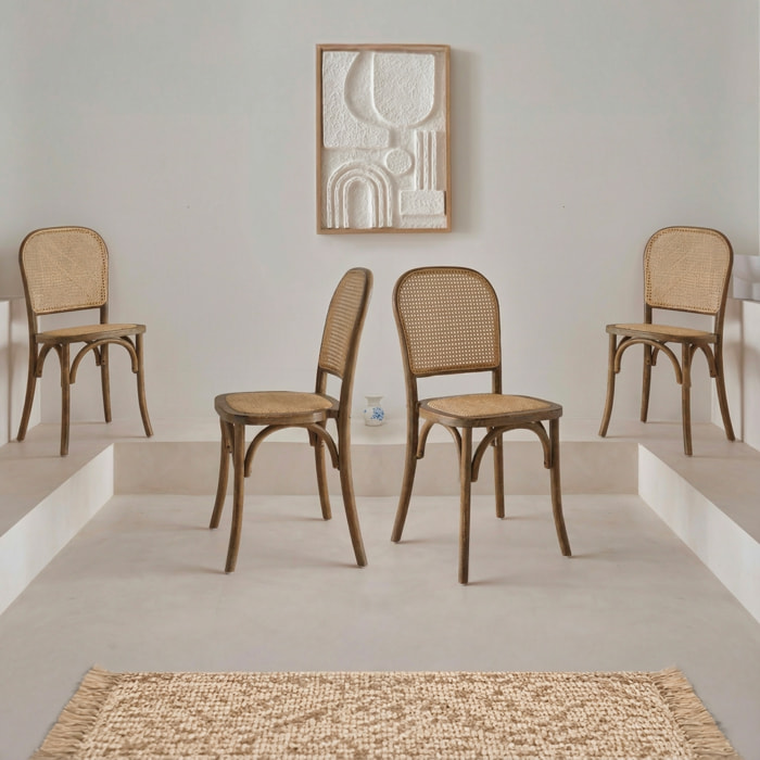 Lot de 4 chaises vintage en bois avec assise et dossier en rotin. coloris marron vieilli. L 44.5 x P 48 x H 89.5cm