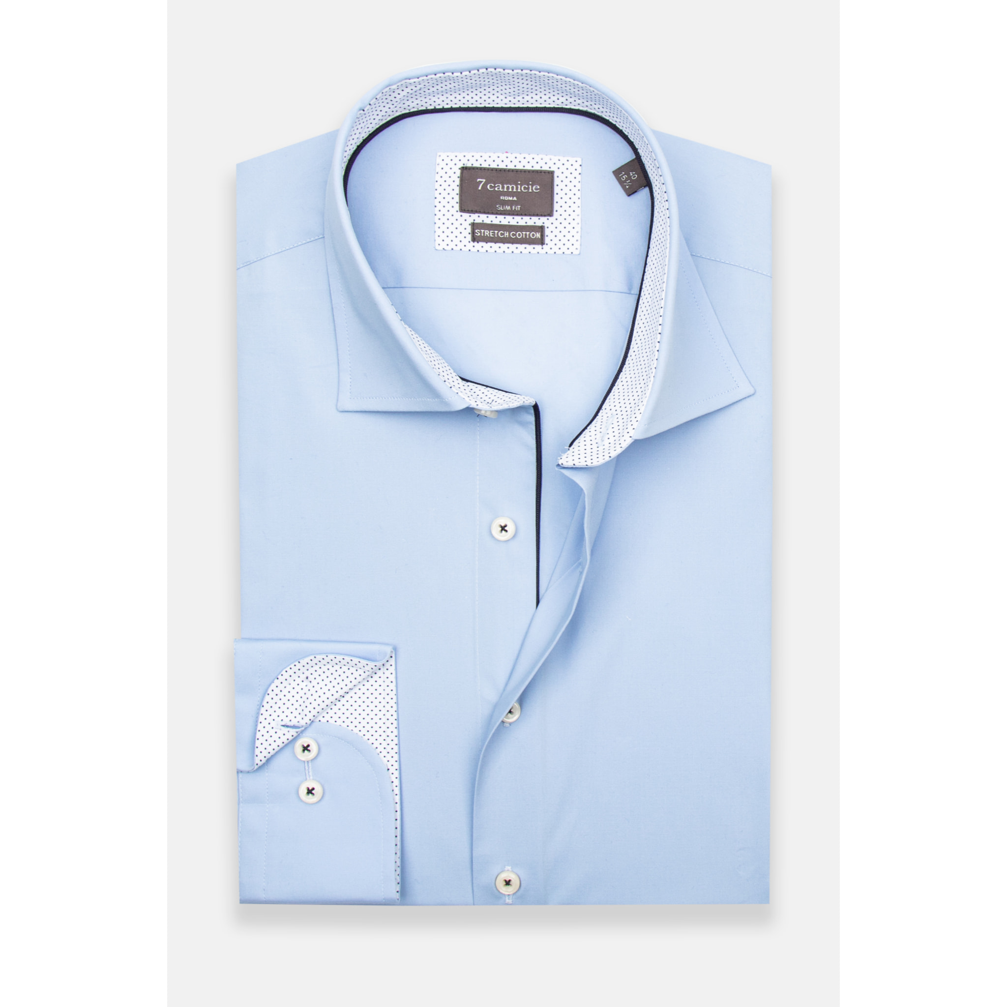 Camicia Uomo 1 Bottone Francese Slim Popeline Stretch Unito Celeste