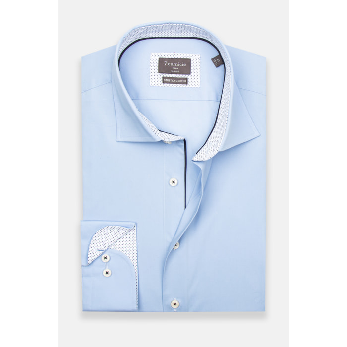 Camicia Uomo 1 Bottone Francese Slim Popeline Stretch Unito Celeste