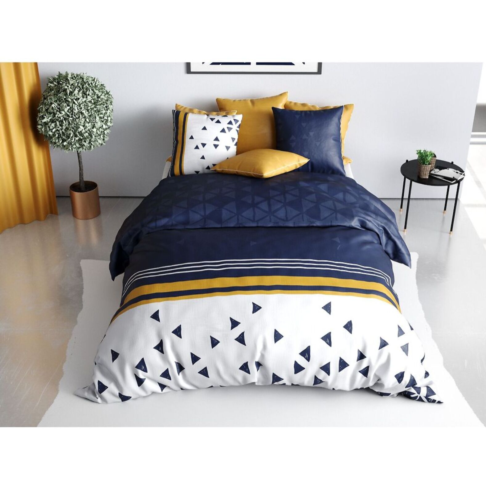 Parure housse de couette coton bleu fonce, bleu marine