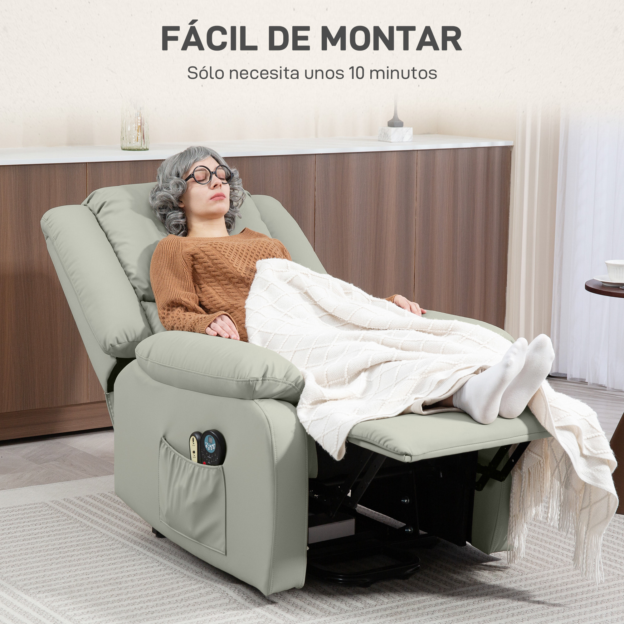 Sillón Relax Reclinable Eléctrico Levanta Personas Sillón Elevador con 8 Punto de Masaje Calor Lumbar 2 Controles Remotos Reposapiés Tela Resistente a los Arañazos y Bolsillo Lateral Gris Claro